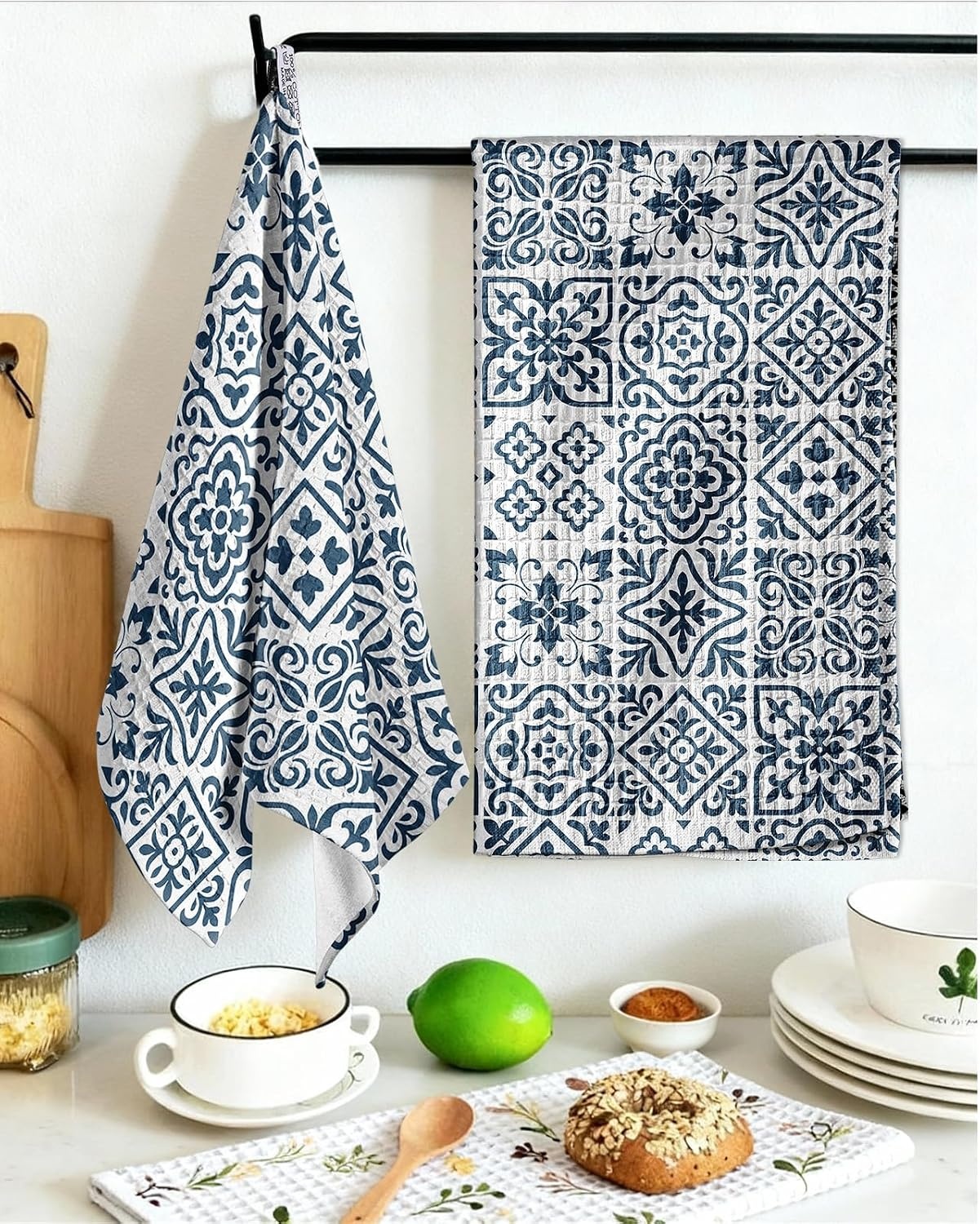 image:imageMiss Adola Cotton Waffle Kitchen Towels Cute 370 GSM 16x25 Inch Terry Cloth Waffle Decorative Dishcloth for Kitchen Set of 2 with Hanging Loop Absorbent Hand Tea Towel for Home Design StrawberryBlock Print