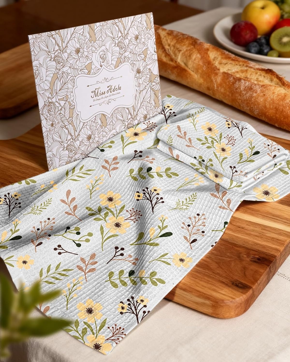 image:imageMiss Adola Cotton Waffle Kitchen Towels Cute 370 GSM 16x25 Inch Terry Cloth Waffle Decorative Dishcloth for Kitchen Set of 2 with Hanging Loop Absorbent Hand Tea Towel for Home Design StrawberryFlower