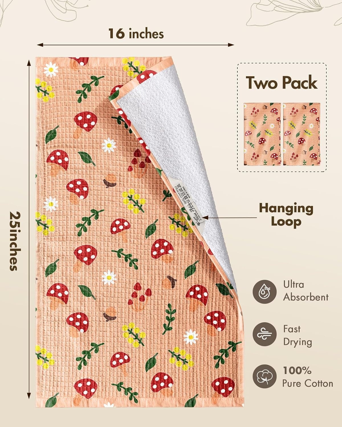 image:imageMiss Adola Cotton Waffle Kitchen Towels Cute 370 GSM 16x25 Inch Terry Cloth Waffle Decorative Dishcloth for Kitchen Set of 2 with Hanging Loop Absorbent Hand Tea Towel for Home Design StrawberryMushroom