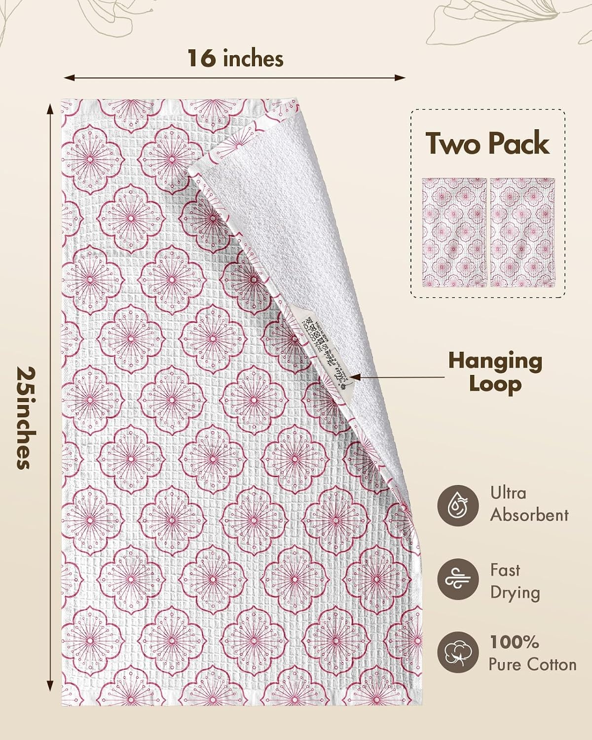 image:imageMiss Adola Cotton Waffle Kitchen Towels Cute 370 GSM 16x25 Inch Terry Cloth Waffle Decorative Dishcloth for Kitchen Set of 2 with Hanging Loop Absorbent Hand Tea Towel for Home Design StrawberrySakura