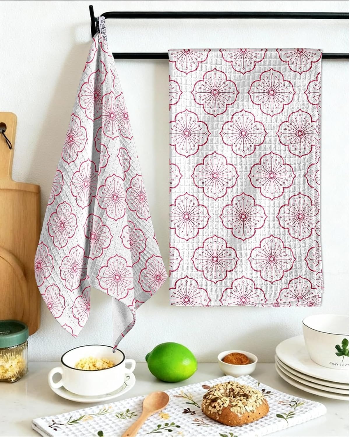image:imageMiss Adola Cotton Waffle Kitchen Towels Cute 370 GSM 16x25 Inch Terry Cloth Waffle Decorative Dishcloth for Kitchen Set of 2 with Hanging Loop Absorbent Hand Tea Towel for Home Design StrawberrySakura