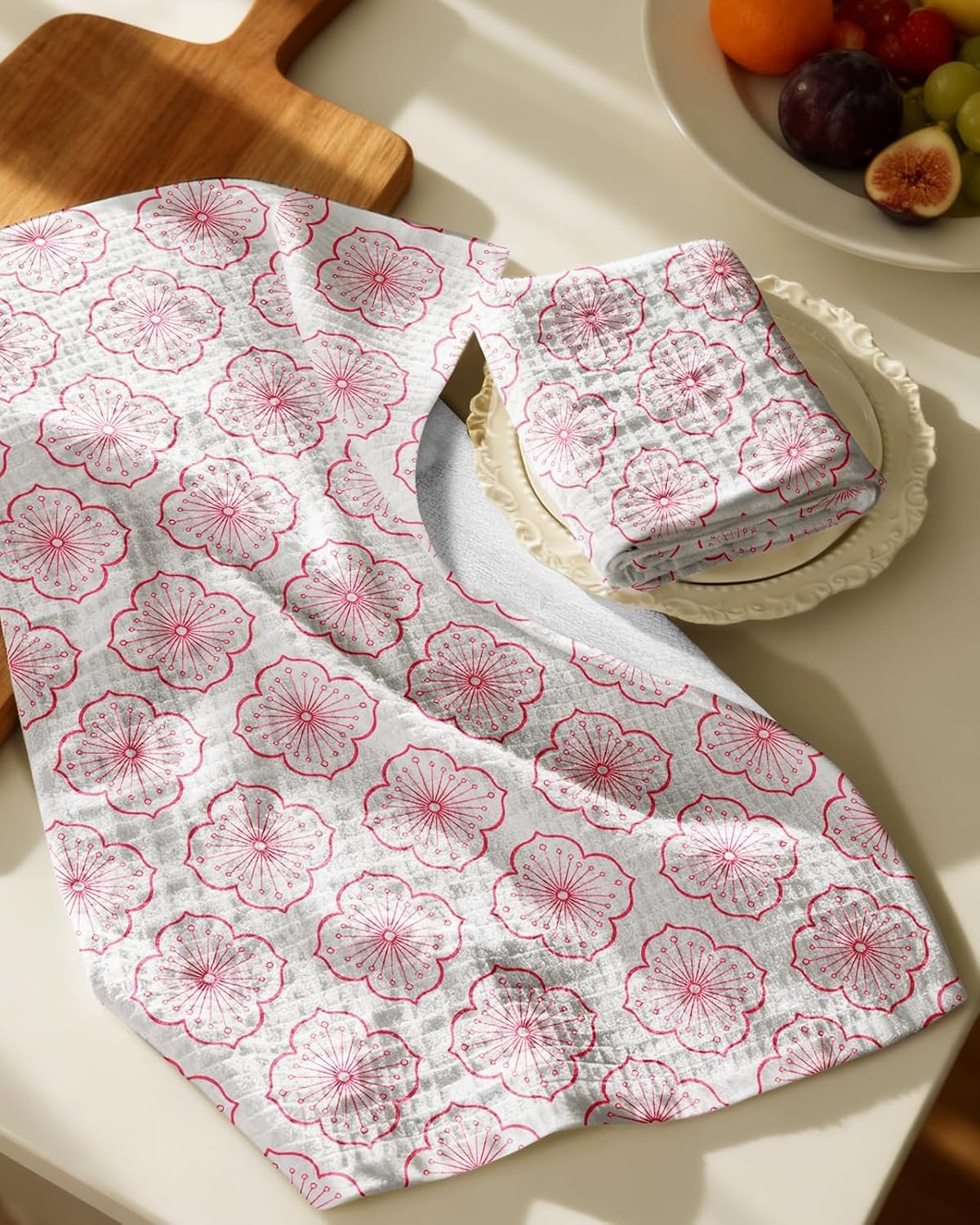image:imageMiss Adola Cotton Waffle Kitchen Towels Cute 370 GSM 16x25 Inch Terry Cloth Waffle Decorative Dishcloth for Kitchen Set of 2 with Hanging Loop Absorbent Hand Tea Towel for Home Design StrawberrySakura