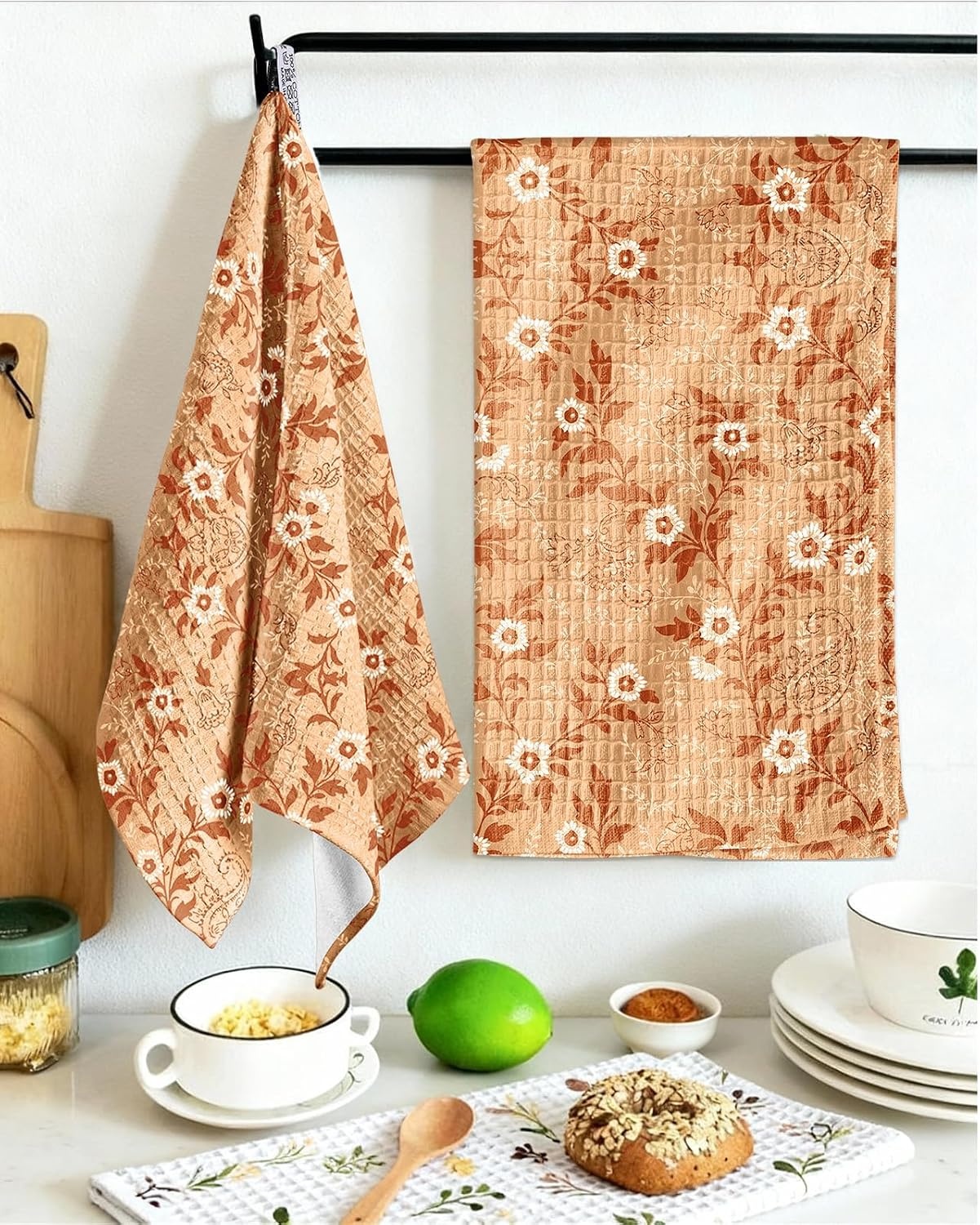 image:imageMiss Adola Cotton Waffle Kitchen Towels Cute 370 GSM 16x25 Inch Terry Cloth Waffle Decorative Dishcloth for Kitchen Set of 2 with Hanging Loop Absorbent Hand Tea Towel for Home Design StrawberryRustic Flower