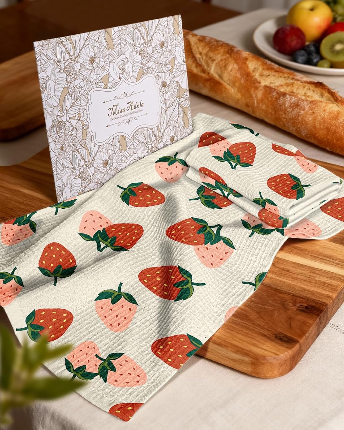 image:imageMiss Adola Cotton Waffle Kitchen Towels Cute 370 GSM 16x25 Inch Terry Cloth Waffle Decorative Dishcloth for Kitchen Set of 2 with Hanging Loop Absorbent Hand Tea Towel for Home Design StrawberryStrawberry