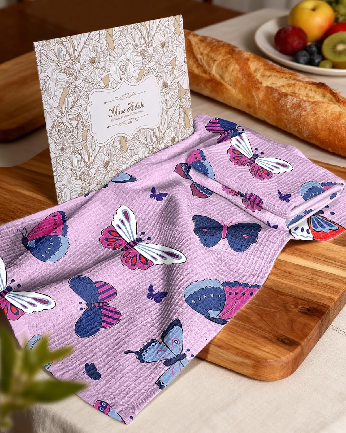 image:imageMiss Adola Cotton Waffle Kitchen Towels Cute 370 GSM 16x25 Inch Terry Cloth Waffle Decorative Dishcloth for Kitchen Set of 2 with Hanging Loop Absorbent Hand Tea Towel for Home Design StrawberryButterfly