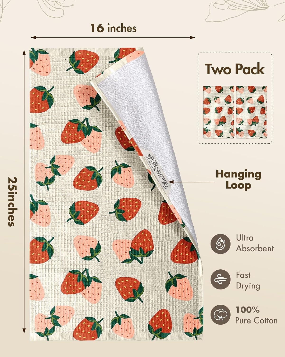 image:imageMiss Adola Cotton Waffle Kitchen Towels Cute 370 GSM 16x25 Inch Terry Cloth Waffle Decorative Dishcloth for Kitchen Set of 2 with Hanging Loop Absorbent Hand Tea Towel for Home Design StrawberryStrawberry