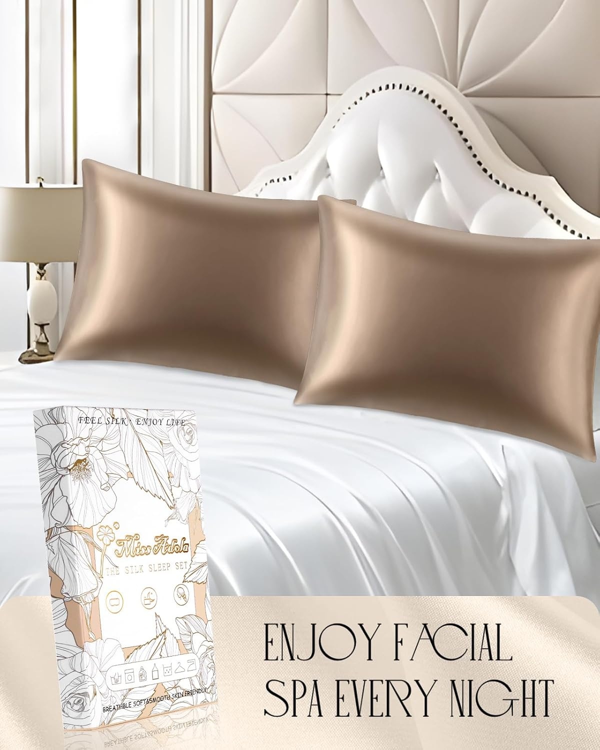 image:imageMiss Adola 2 Pack Mulberry Silk Pillowcases 19 Momme Cooling Silk Pillow Cases Standard 26x20 Soft Smooth Pillowcases for Hair and Skin Curly Hair Women amp Moms Taupe BrownTaupe Brown