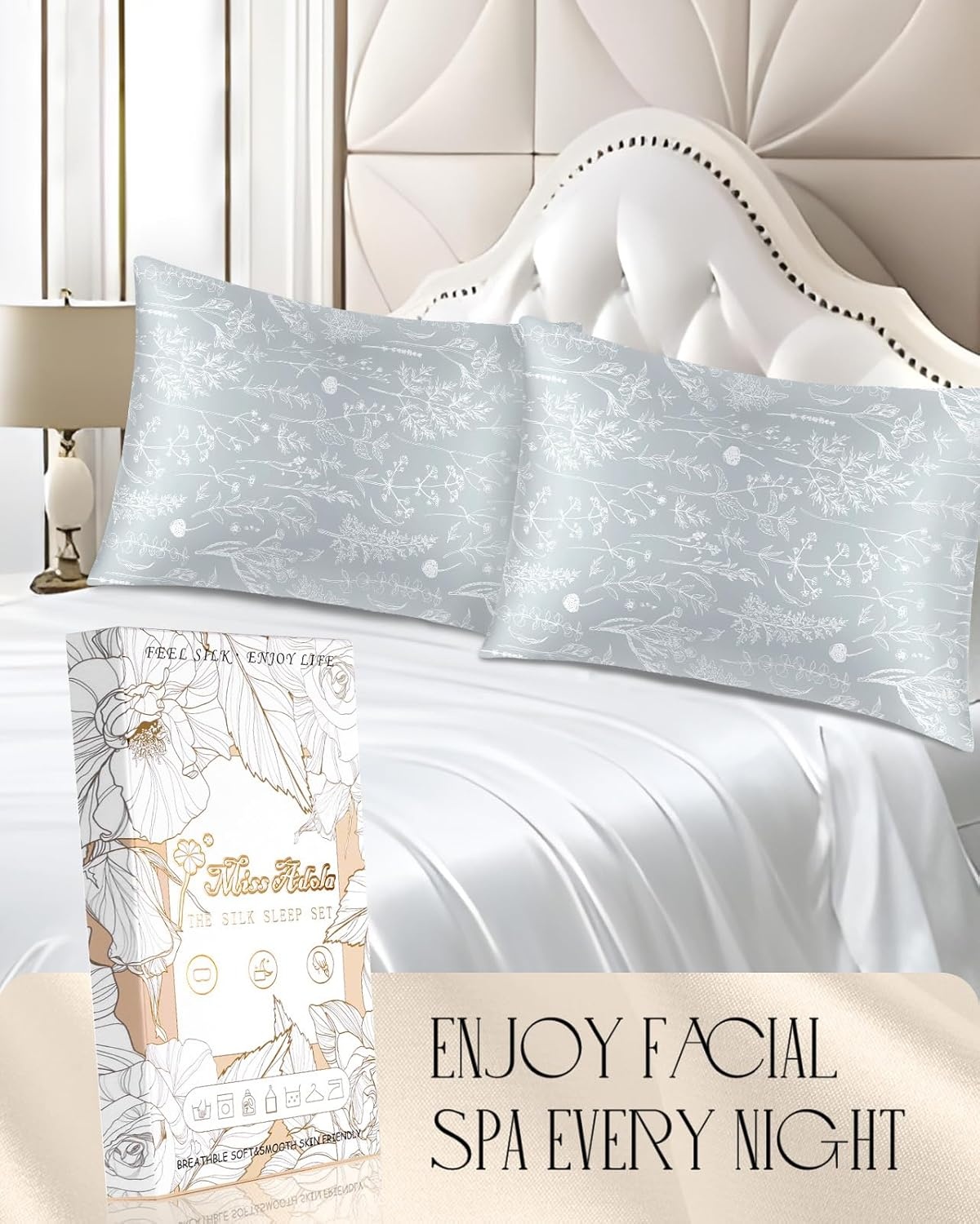 image:imageMiss Adola 2 Pack Mulberry Silk Pillowcases 19 Momme Cooling Silk Pillow Cases Standard 26x20 Soft Smooth Pillowcases for Hair and Skin Curly Hair Women amp Moms Taupe BrownSage Green Floral Plants