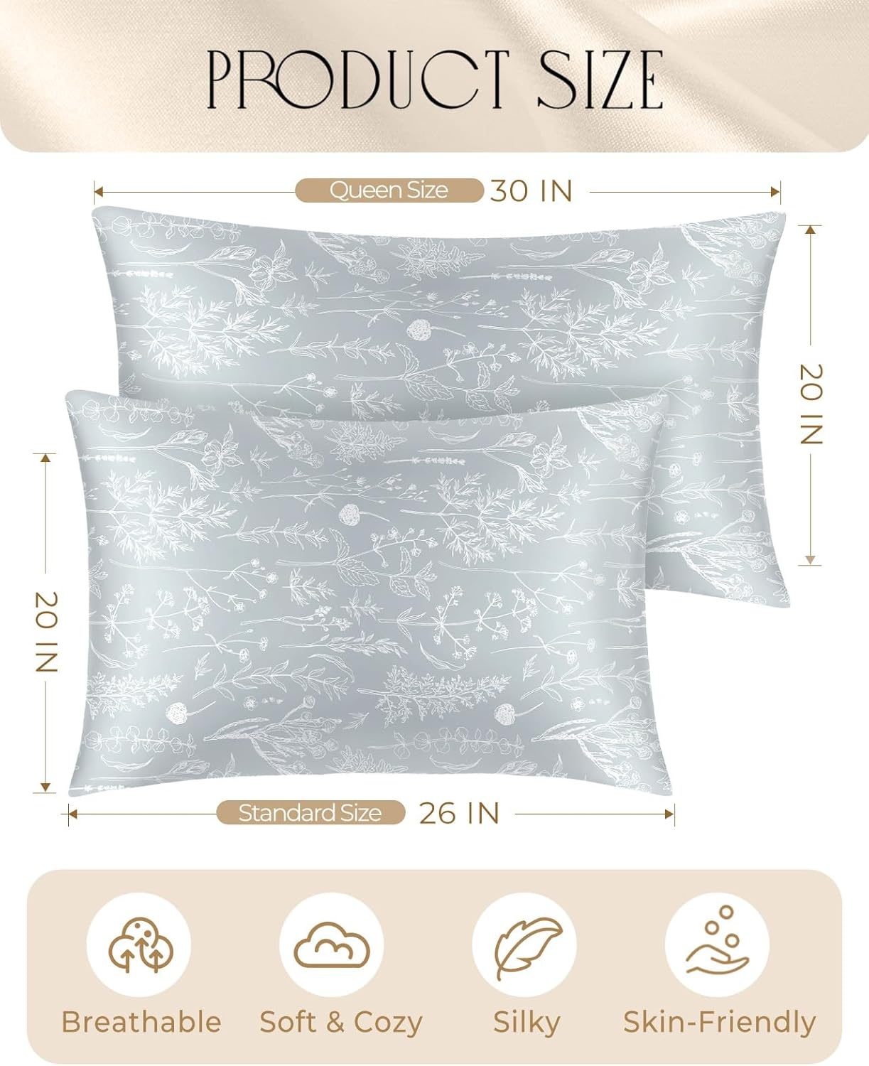 image:imageMiss Adola 2 Pack Mulberry Silk Pillowcases 19 Momme Cooling Silk Pillow Cases Standard 26x20 Soft Smooth Pillowcases for Hair and Skin Curly Hair Women amp Moms Taupe BrownSage Green Floral Plants