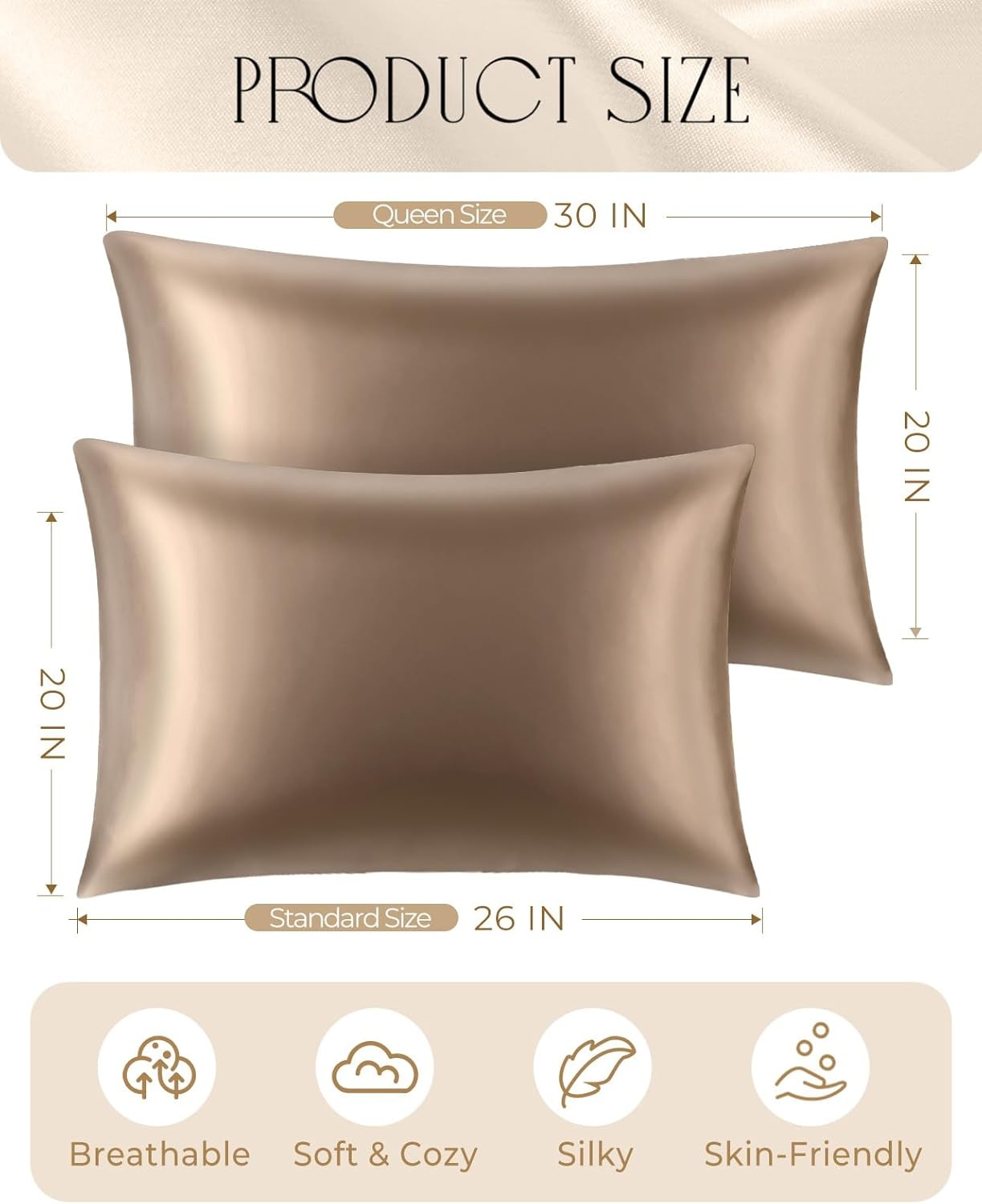 image:imageMiss Adola 2 Pack Mulberry Silk Pillowcases 19 Momme Cooling Silk Pillow Cases Standard 26x20 Soft Smooth Pillowcases for Hair and Skin Curly Hair Women amp Moms Taupe BrownTaupe Brown