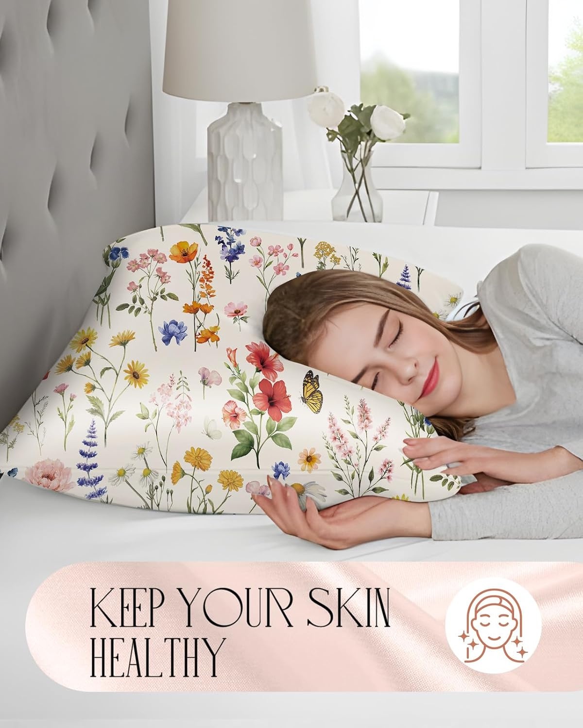 image:imageMiss Adola 2 Pack Satin Pillowcase King Size 20 x 36 Inches with Hidden Zipper Soft Beige Flower Design Elegant and Comfortable Pillow Cases for Moms and Women