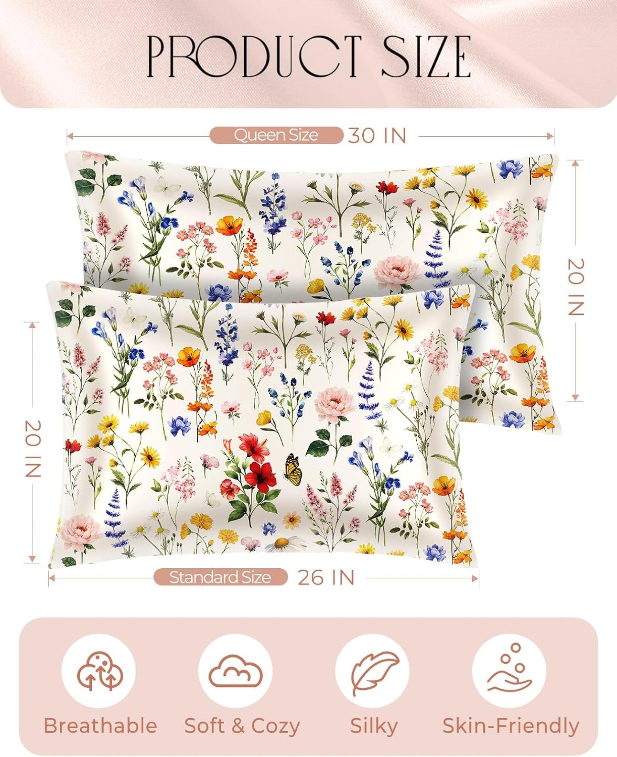image:imageMiss Adola 2 Pack Satin Pillowcase King Size 20 x 36 Inches with Hidden Zipper Soft Beige Flower Design Elegant and Comfortable Pillow Cases for Moms and Women