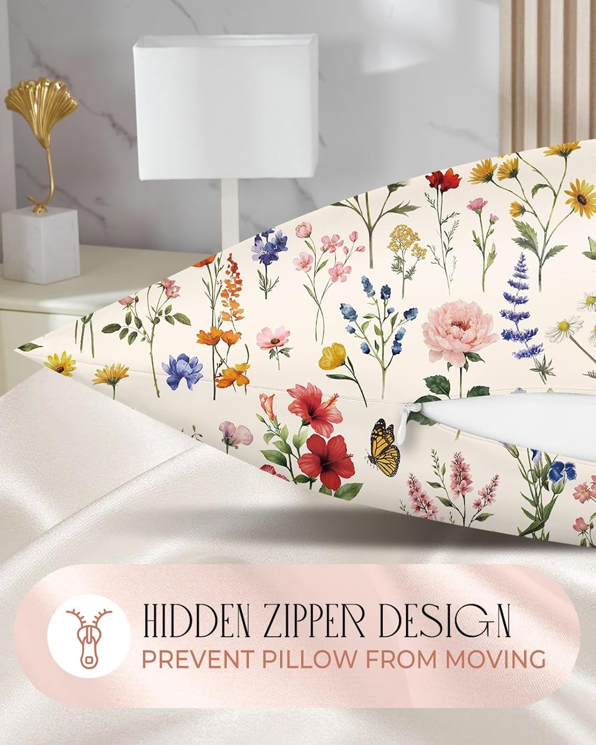 image:imageMiss Adola 2 Pack Satin Pillowcase King Size 20 x 36 Inches with Hidden Zipper Soft Beige Flower Design Elegant and Comfortable Pillow Cases for Moms and Women