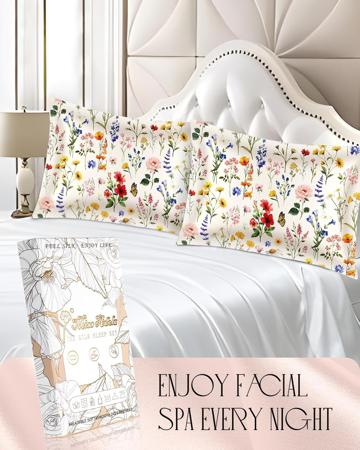 image:imageMiss Adola 2 Pack Satin Pillowcase King Size 20 x 36 Inches with Hidden Zipper Soft Beige Flower Design Elegant and Comfortable Pillow Cases for Moms and Women