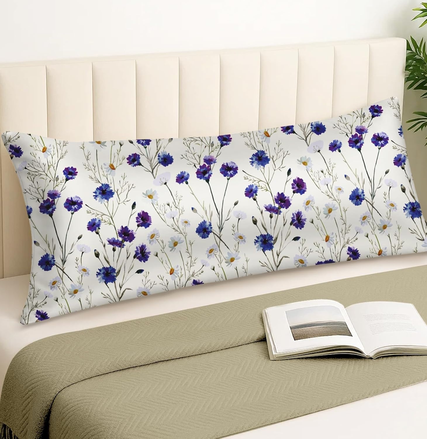 image:imageMiss Adola Silk Body Pillow Cover with Zipper 20x54 Inch Silk Long Pillow Case for Women Ladies Adults Soft Bed Decorative Cute Boho Large Body Pillowcase Sham for Hair and Skin Watercolor FlowerBlue Daisy