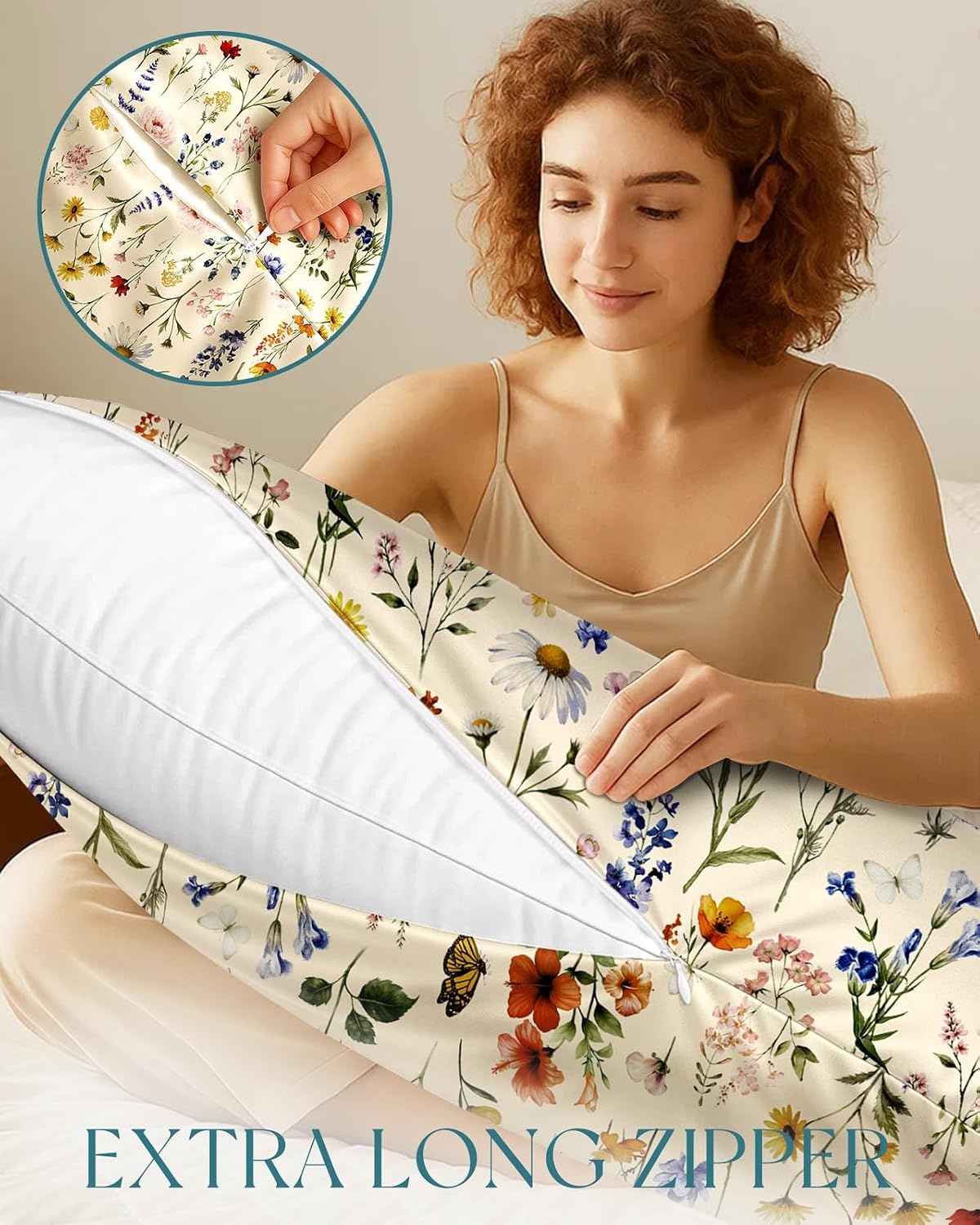 image:imageMiss Adola Silk Body Pillow Cover with Zipper 20x54 Inch Silk Long Pillow Case for Women Ladies Adults Soft Bed Decorative Cute Boho Large Body Pillowcase Sham for Hair and Skin Watercolor FlowerFloral