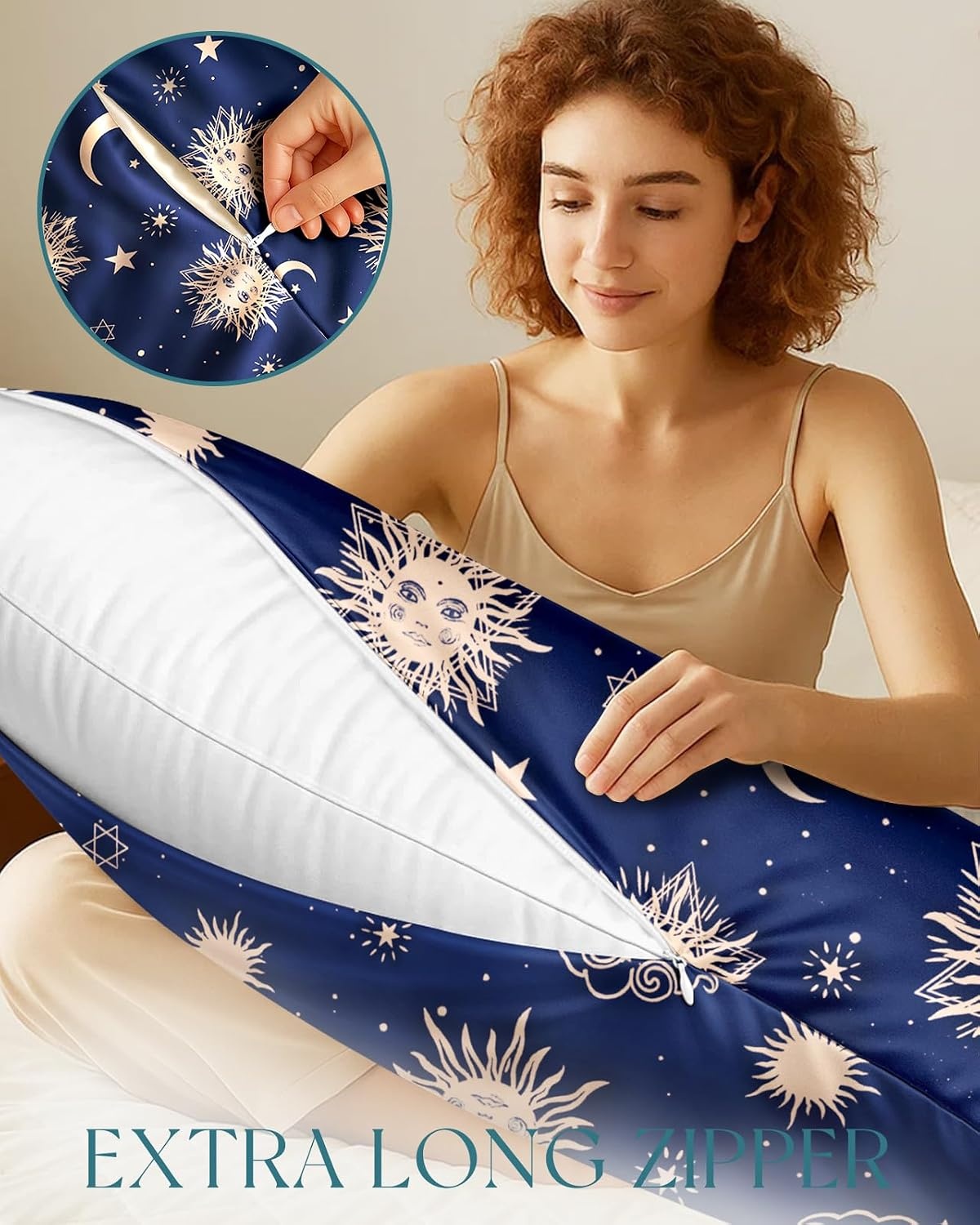 image:imageMiss Adola Silk Body Pillow Cover with Zipper 20x54 Inch Silk Long Pillow Case for Women Ladies Adults Soft Bed Decorative Cute Boho Large Body Pillowcase Sham for Hair and Skin Watercolor FlowerSun Moon Sign