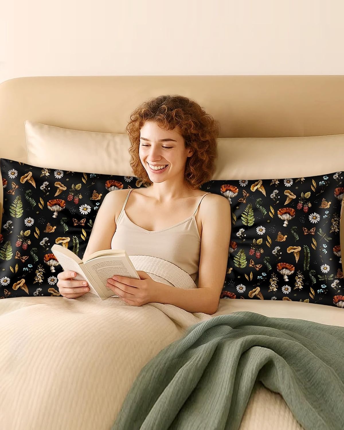 image:imageMiss Adola Silk Body Pillow Cover with Zipper 20x54 Inch Silk Long Pillow Case for Women Ladies Adults Soft Bed Decorative Cute Boho Large Body Pillowcase Sham for Hair and Skin Watercolor FlowerMushroom Plants