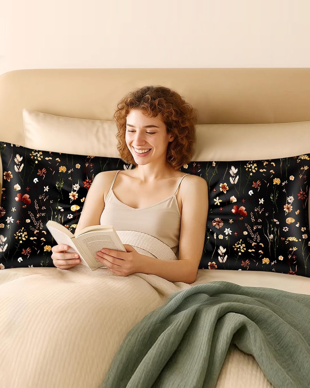 image:imageMiss Adola Silk Body Pillow Cover with Zipper 20x54 Inch Silk Long Pillow Case for Women Ladies Adults Soft Bed Decorative Cute Boho Large Body Pillowcase Sham for Hair and Skin Watercolor FlowerBlack Grow Flower