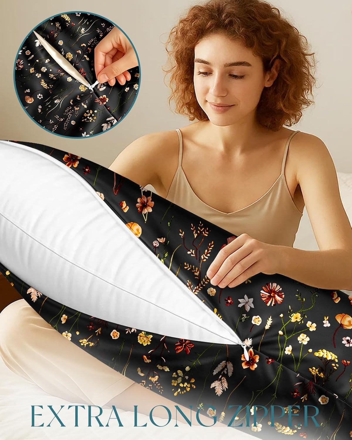 image:imageMiss Adola Silk Body Pillow Cover with Zipper 20x54 Inch Silk Long Pillow Case for Women Ladies Adults Soft Bed Decorative Cute Boho Large Body Pillowcase Sham for Hair and Skin Watercolor FlowerBlack Grow Flower