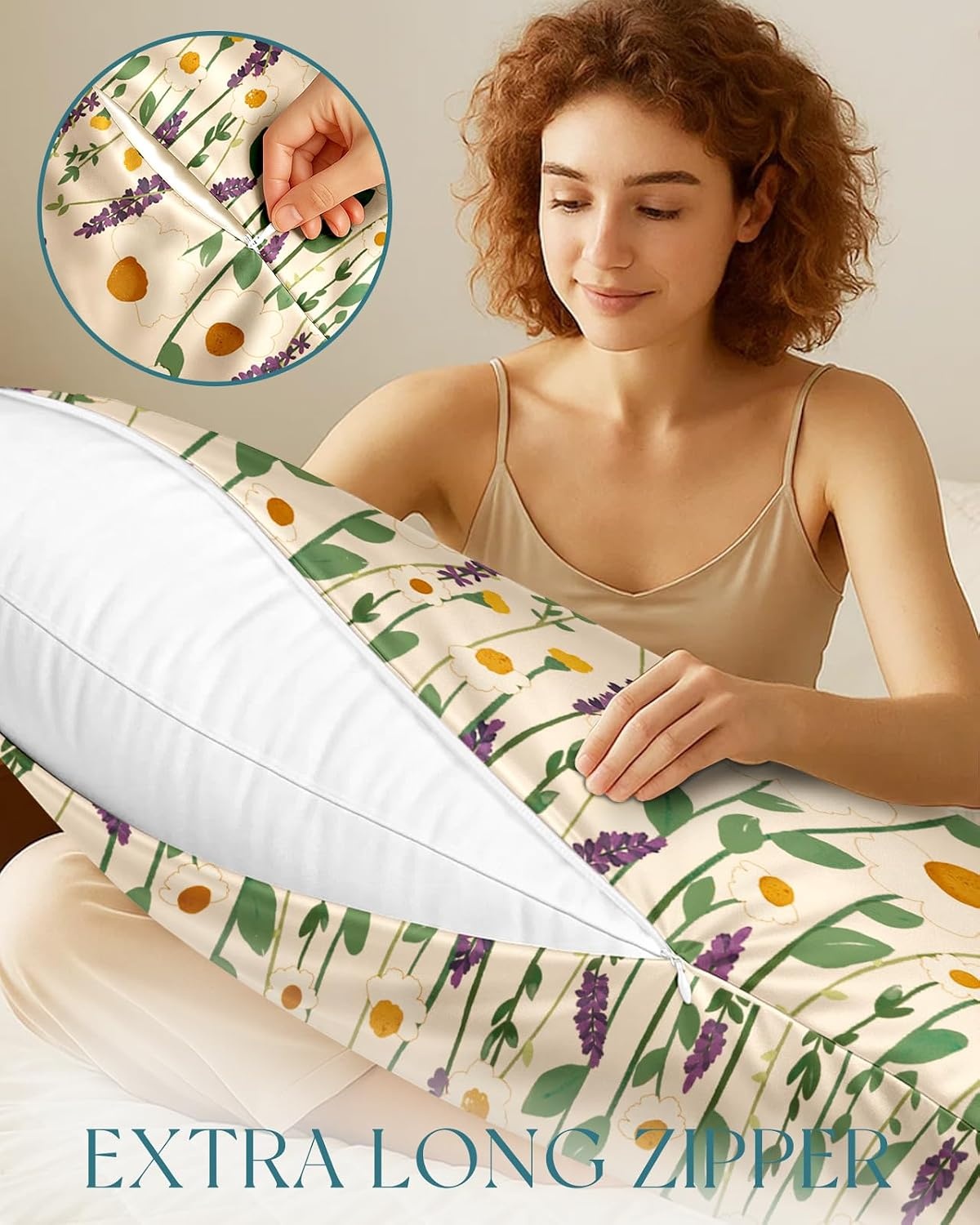 image:imageMiss Adola Silk Body Pillow Cover with Zipper 20x54 Inch Silk Long Pillow Case for Women Ladies Adults Soft Bed Decorative Cute Boho Large Body Pillowcase Sham for Hair and Skin Watercolor FlowerWild Floral