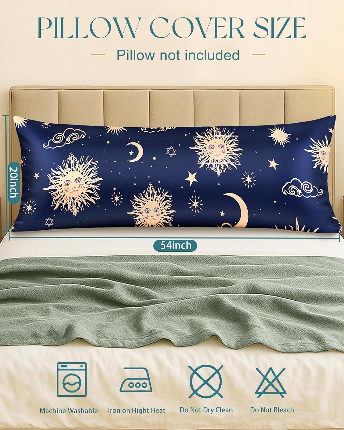 image:imageMiss Adola Silk Body Pillow Cover with Zipper 20x54 Inch Silk Long Pillow Case for Women Ladies Adults Soft Bed Decorative Cute Boho Large Body Pillowcase Sham for Hair and Skin Watercolor FlowerSun Moon Sign