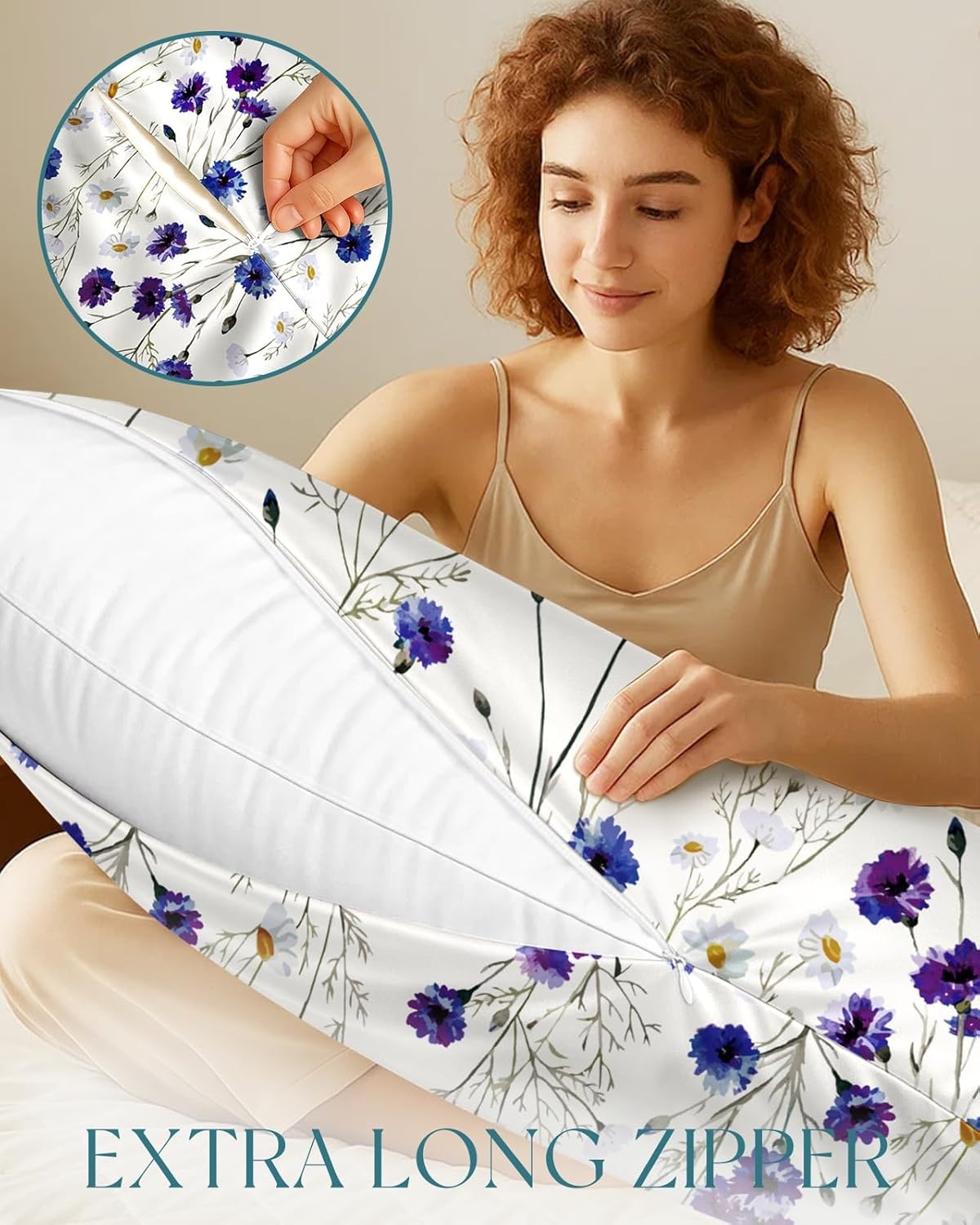 image:imageMiss Adola Silk Body Pillow Cover with Zipper 20x54 Inch Silk Long Pillow Case for Women Ladies Adults Soft Bed Decorative Cute Boho Large Body Pillowcase Sham for Hair and Skin Watercolor FlowerBlue Daisy
