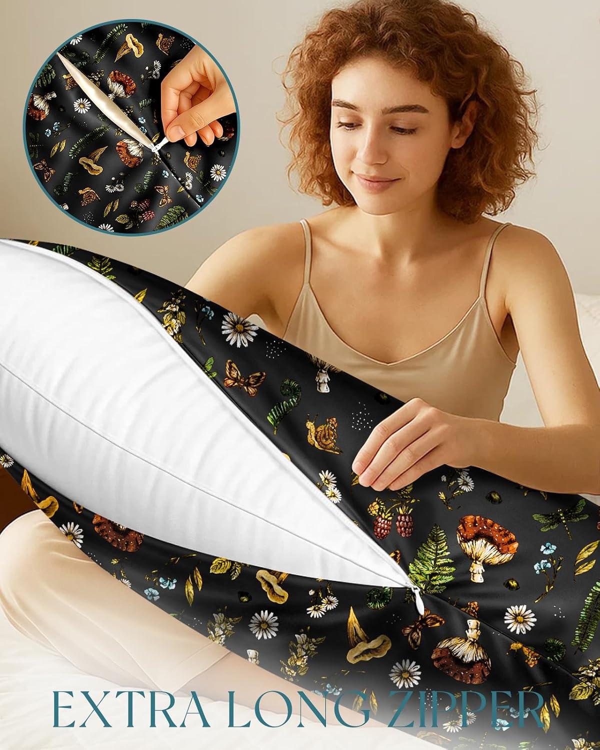 image:imageMiss Adola Silk Body Pillow Cover with Zipper 20x54 Inch Silk Long Pillow Case for Women Ladies Adults Soft Bed Decorative Cute Boho Large Body Pillowcase Sham for Hair and Skin Watercolor FlowerMushroom Plants