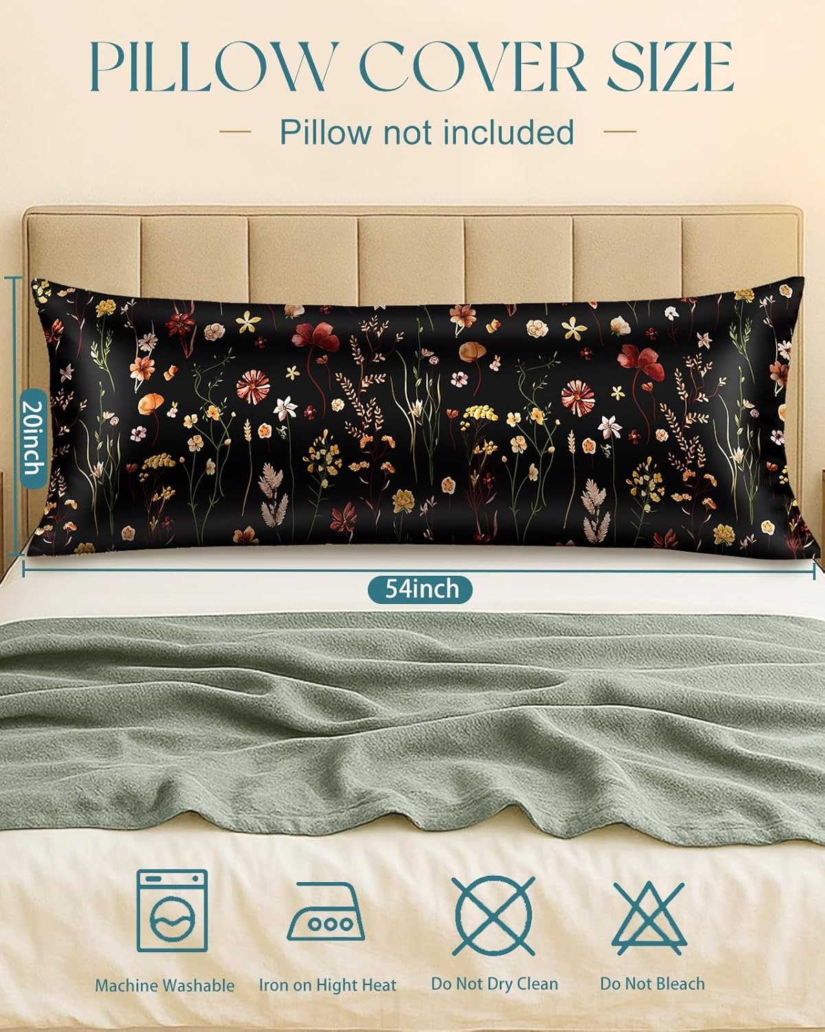 image:imageMiss Adola Silk Body Pillow Cover with Zipper 20x54 Inch Silk Long Pillow Case for Women Ladies Adults Soft Bed Decorative Cute Boho Large Body Pillowcase Sham for Hair and Skin Watercolor FlowerBlack Grow Flower