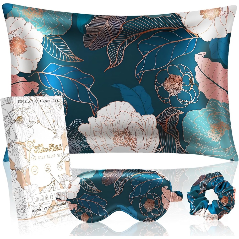 image:imageMiss Adola 2 Pack Mulberry Silk Pillowcases 19 Momme Cooling Silk Pillow Cases Standard 26x20 Soft Smooth Pillowcases for Hair and Skin Curly Hair Women amp Moms Taupe BrownDark Blue Peony