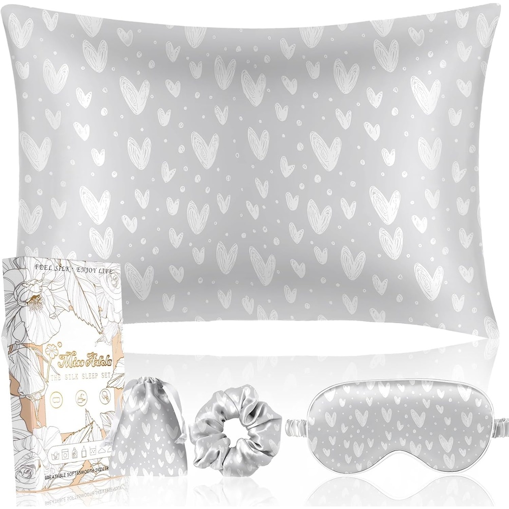 image:imageMiss Adola 2 Pack Mulberry Silk Pillowcases 19 Momme Cooling Silk Pillow Cases Standard 26x20 Soft Smooth Pillowcases for Hair and Skin Curly Hair Women amp Moms Taupe BrownSilver Grey Heart