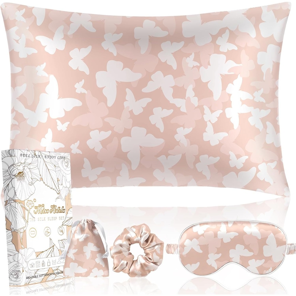 image:imageMiss Adola 2 Pack Mulberry Silk Pillowcases 19 Momme Cooling Silk Pillow Cases Standard 26x20 Soft Smooth Pillowcases for Hair and Skin Curly Hair Women amp Moms Taupe BrownPink Butterfly
