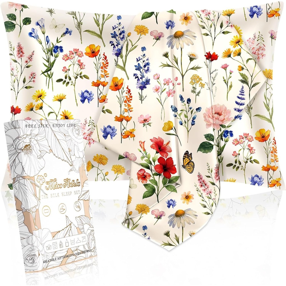 image:imageMiss Adola 2 Pack Satin Pillowcase King Size 20 x 36 Inches with Hidden Zipper Soft Beige Flower Design Elegant and Comfortable Pillow Cases for Moms and Women