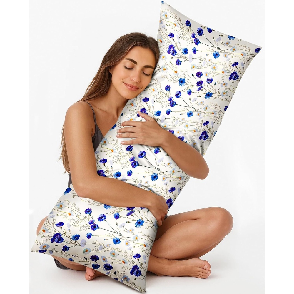 image:imageMiss Adola Silk Body Pillow Cover with Zipper 20x54 Inch Silk Long Pillow Case for Women Ladies Adults Soft Bed Decorative Cute Boho Large Body Pillowcase Sham for Hair and Skin Watercolor FlowerBlue Daisy