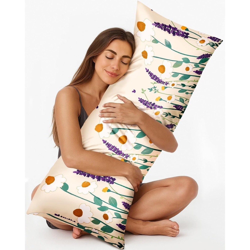 image:imageMiss Adola Silk Body Pillow Cover with Zipper 20x54 Inch Silk Long Pillow Case for Women Ladies Adults Soft Bed Decorative Cute Boho Large Body Pillowcase Sham for Hair and Skin Watercolor FlowerWild Floral
