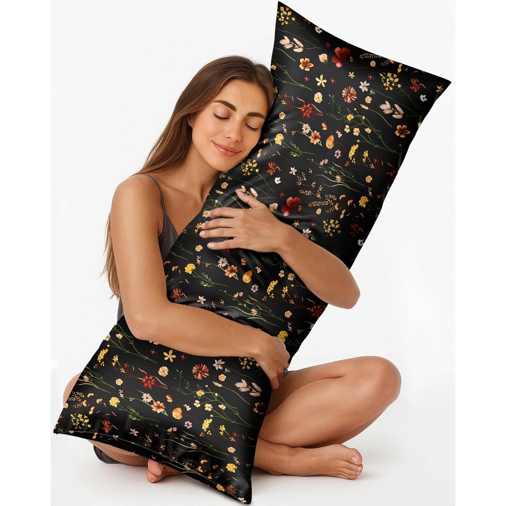 image:imageMiss Adola Silk Body Pillow Cover with Zipper 20x54 Inch Silk Long Pillow Case for Women Ladies Adults Soft Bed Decorative Cute Boho Large Body Pillowcase Sham for Hair and Skin Watercolor FlowerBlack Grow Flower